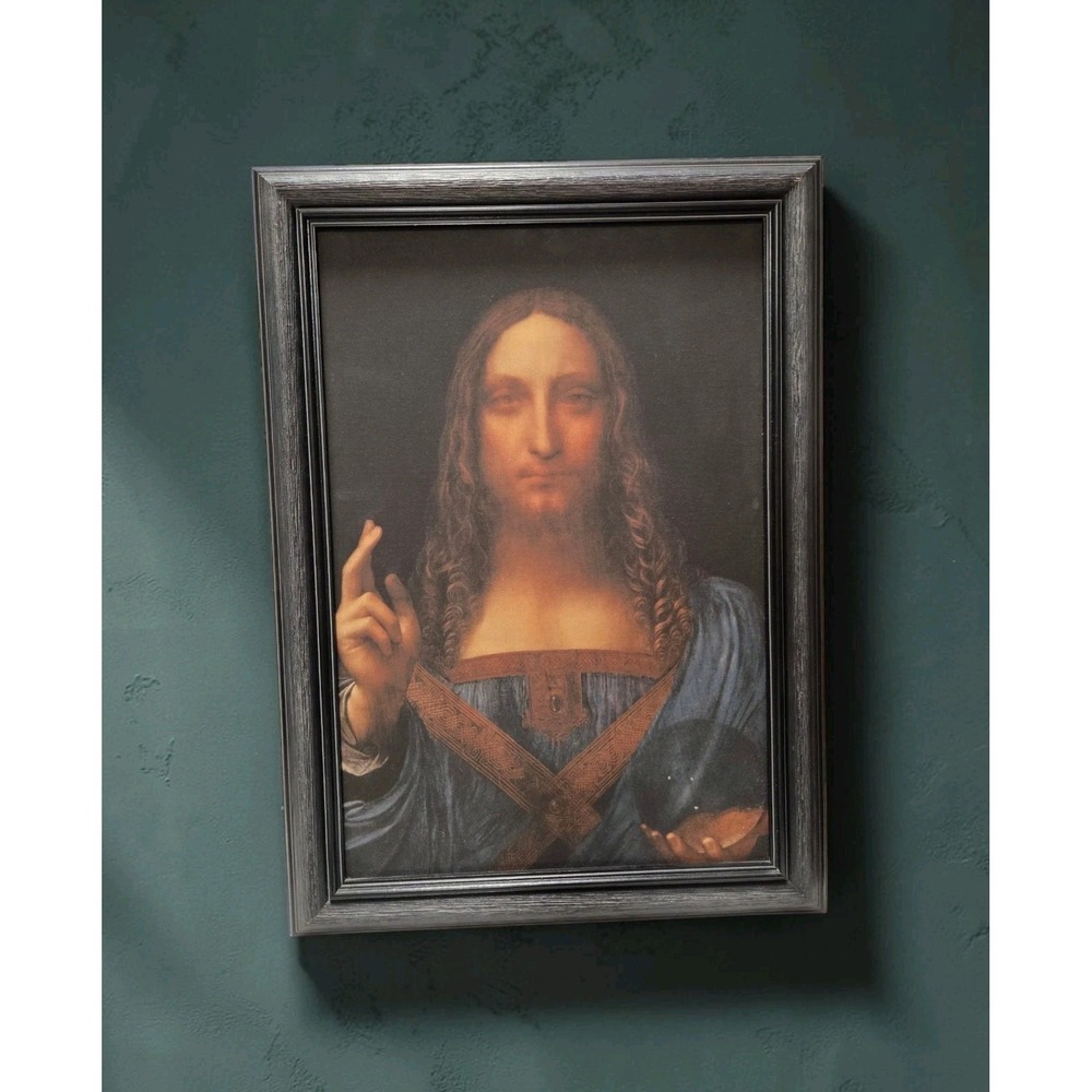 Salvator Mundi Canvas Print, Framed 14x19.5" Dark Grey Wood Frame, Ready to Hang